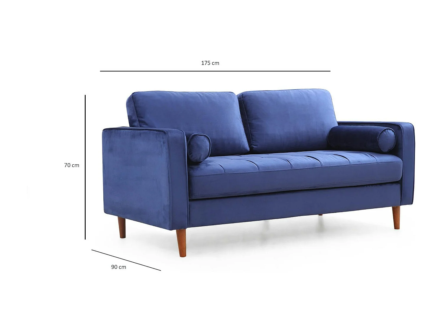 Canapé 2 places velours bleu avec coussins polochons CHIBA