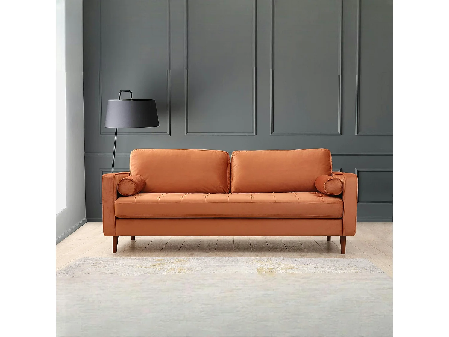 Canapé 3 places velours rouille avec coussins polochons CHIBA