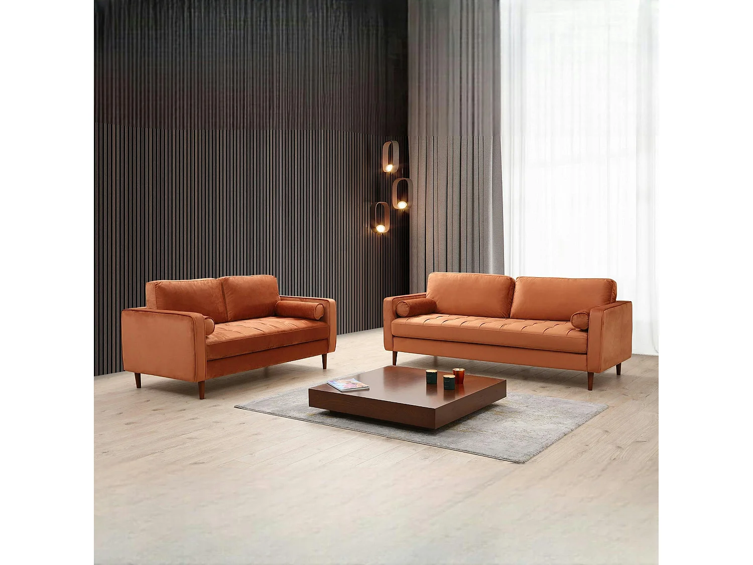 Canapé 3 places velours rouille avec coussins polochons CHIBA