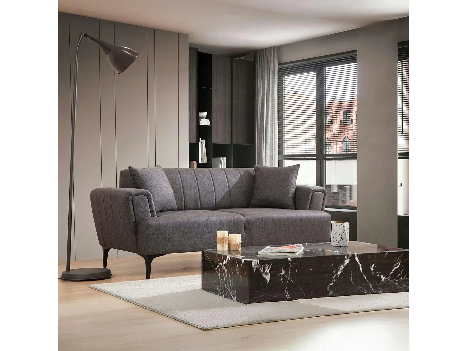 Canapé 2 places anthracite, dossier à coutures verticales LUCCA