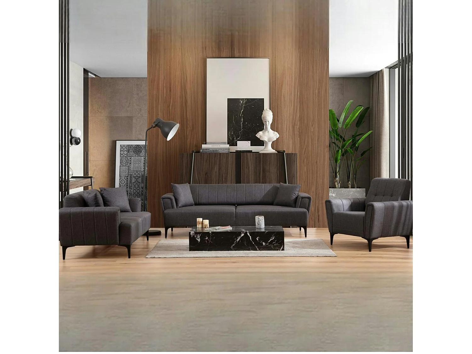 Canapé 2 places anthracite, dossier à coutures verticales LUCCA