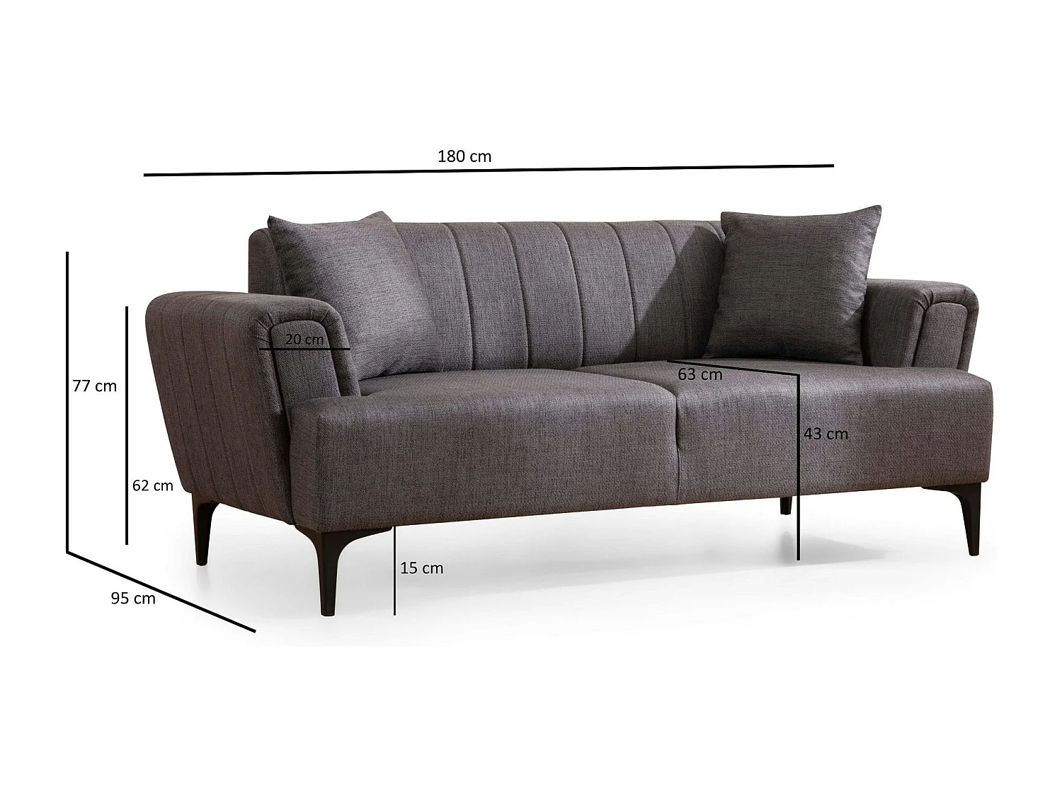 Canapé 2 places anthracite, dossier à coutures verticales LUCCA