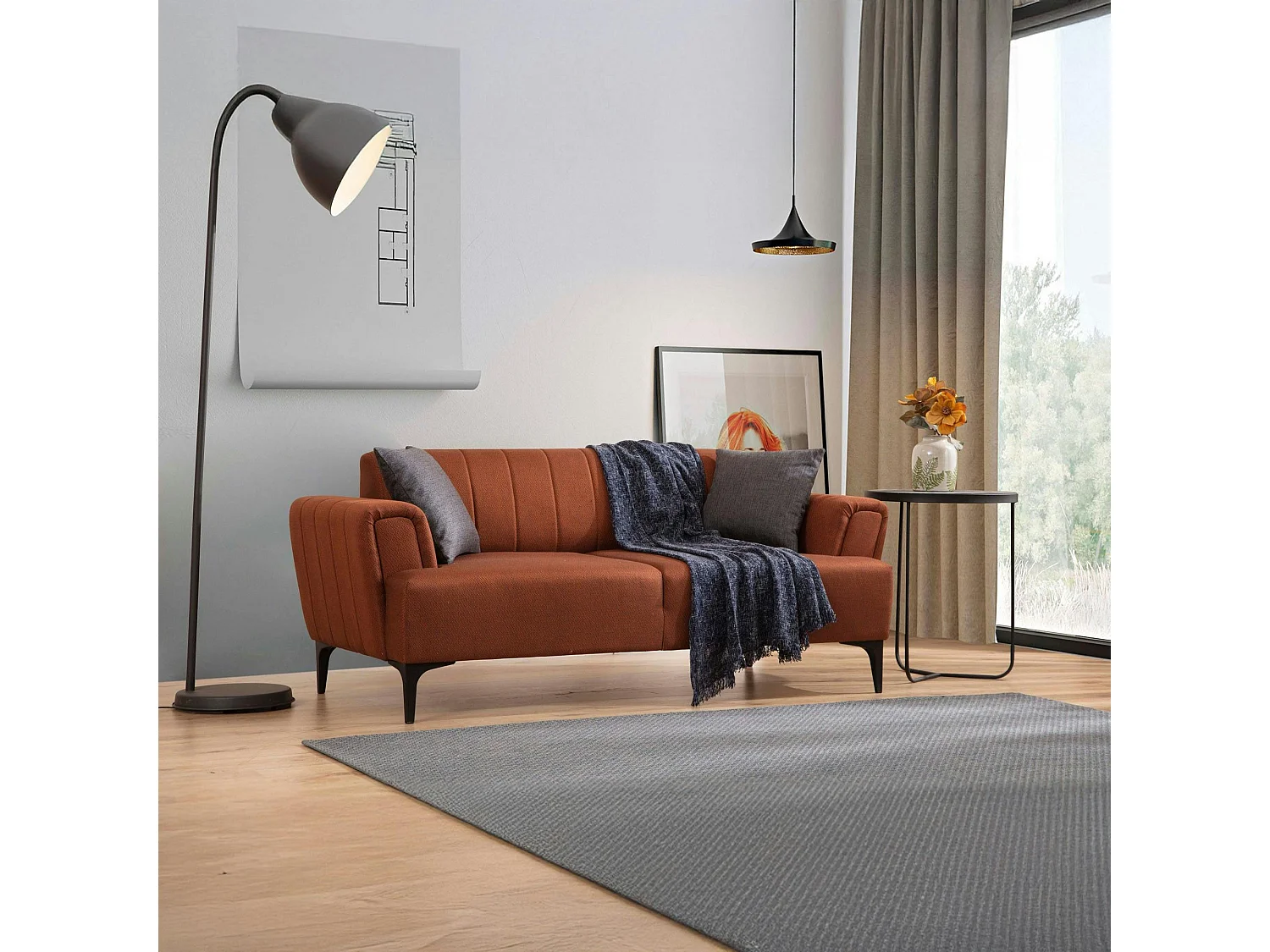 Canapé 2 places rouille, dossier à coutures verticales LUCCA