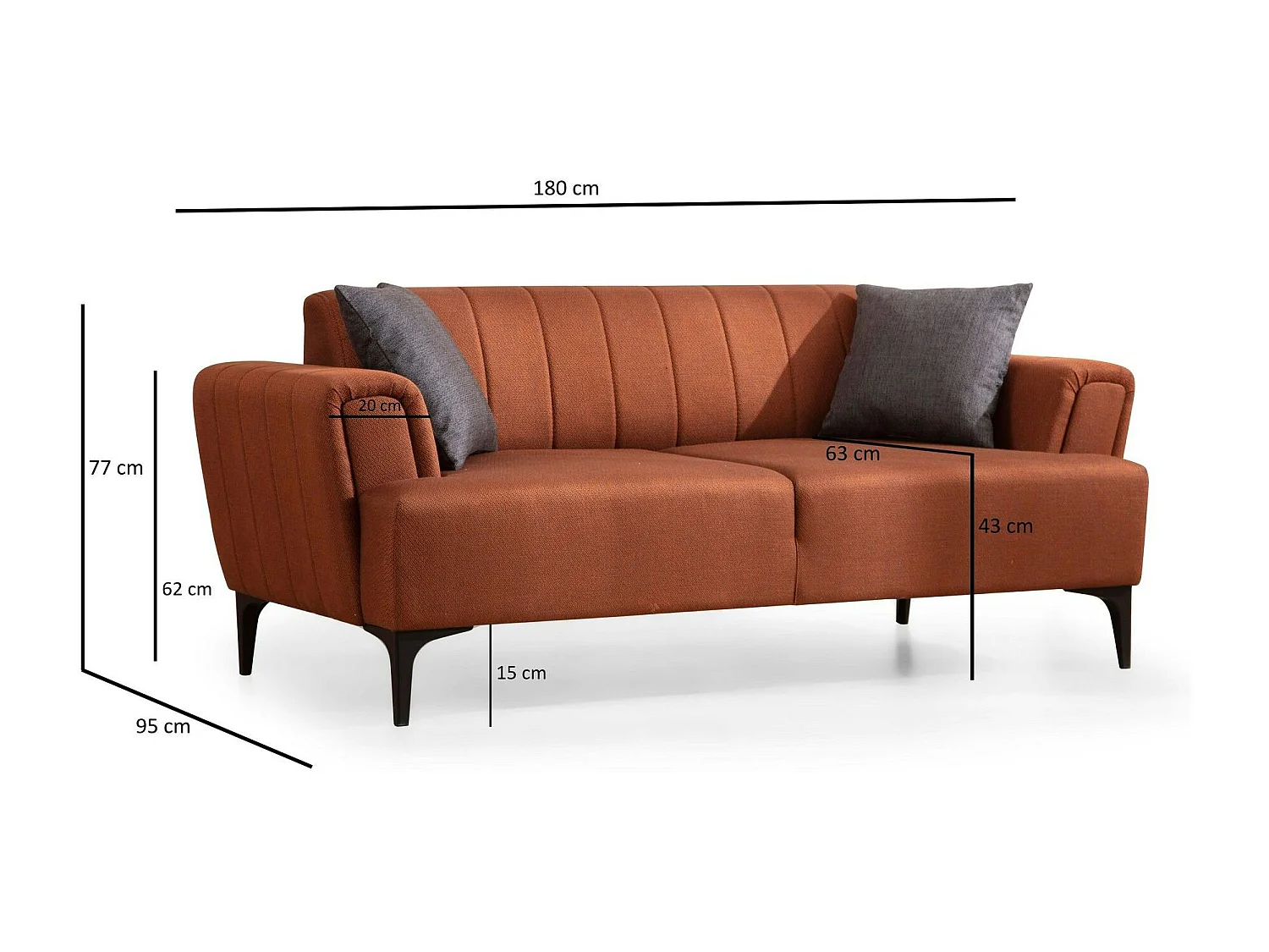 Canapé 2 places rouille, dossier à coutures verticales LUCCA