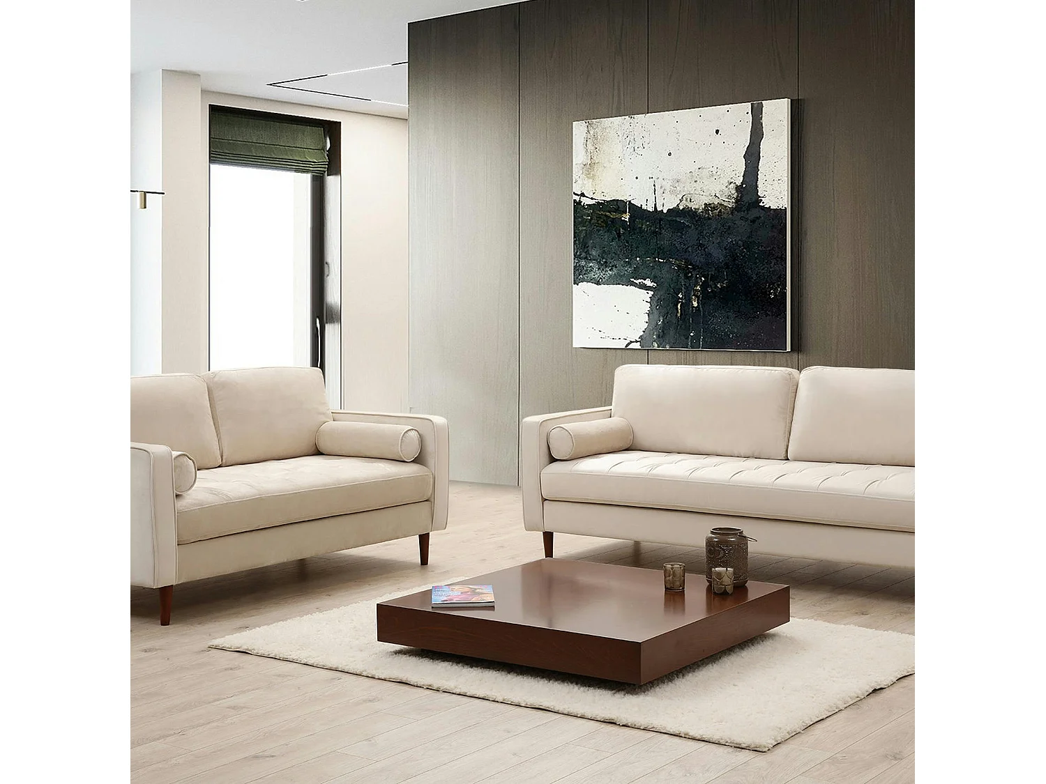 Canapé 3 places velours beige crème, coussins polochons CHIBA