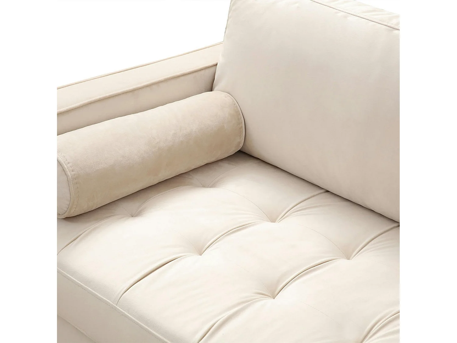 Canapé 3 places velours beige crème, coussins polochons CHIBA