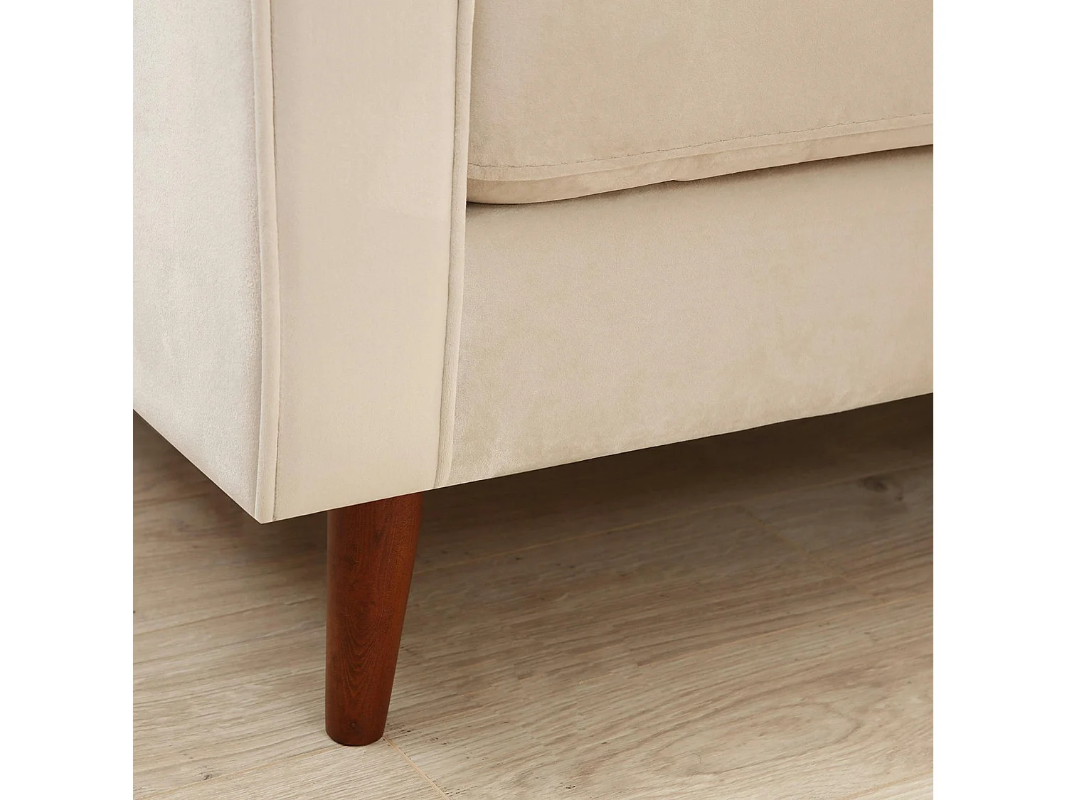 Canapé 3 places velours beige crème, coussins polochons CHIBA