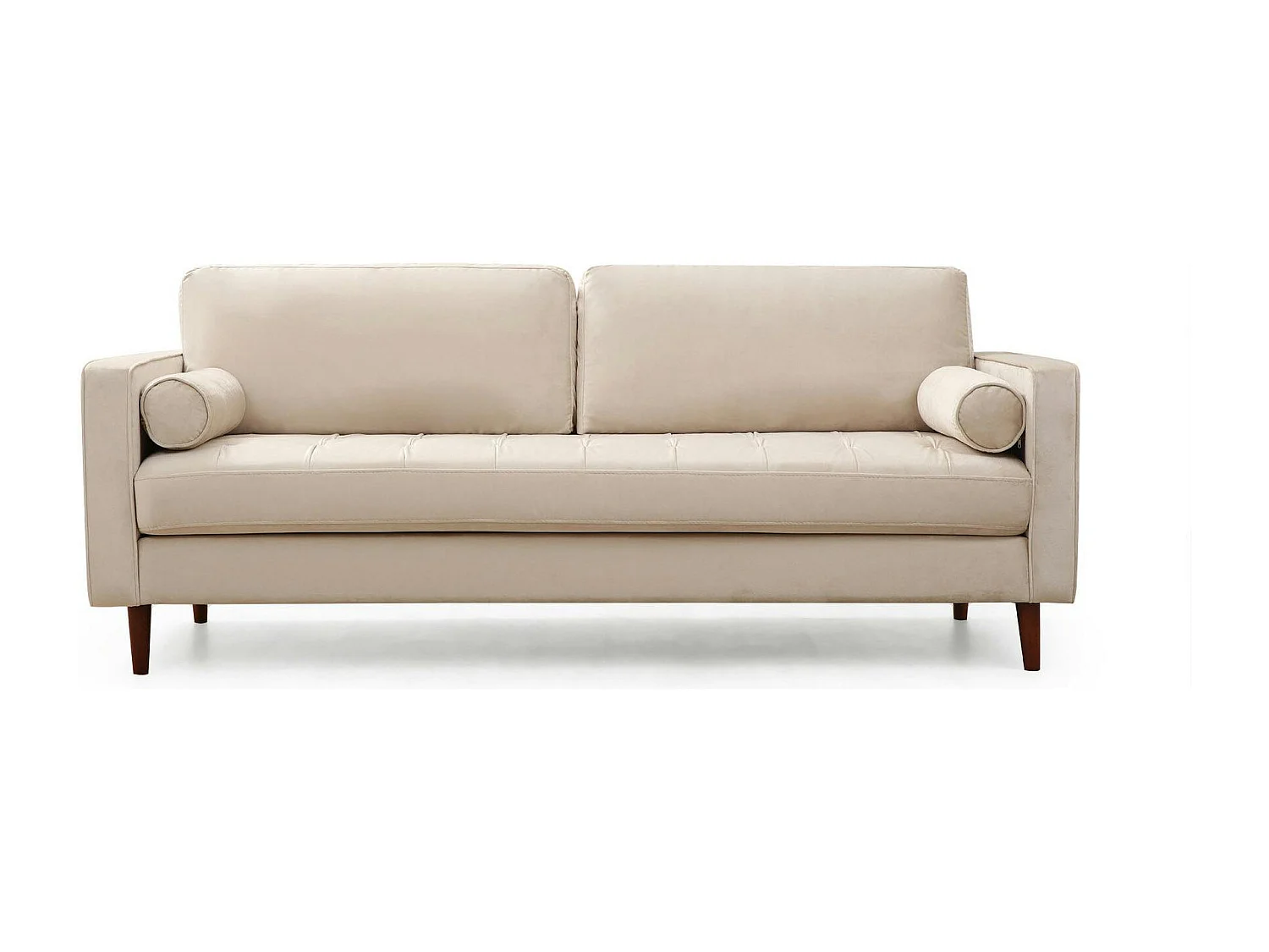 Canapé 3 places velours beige crème, coussins polochons CHIBA