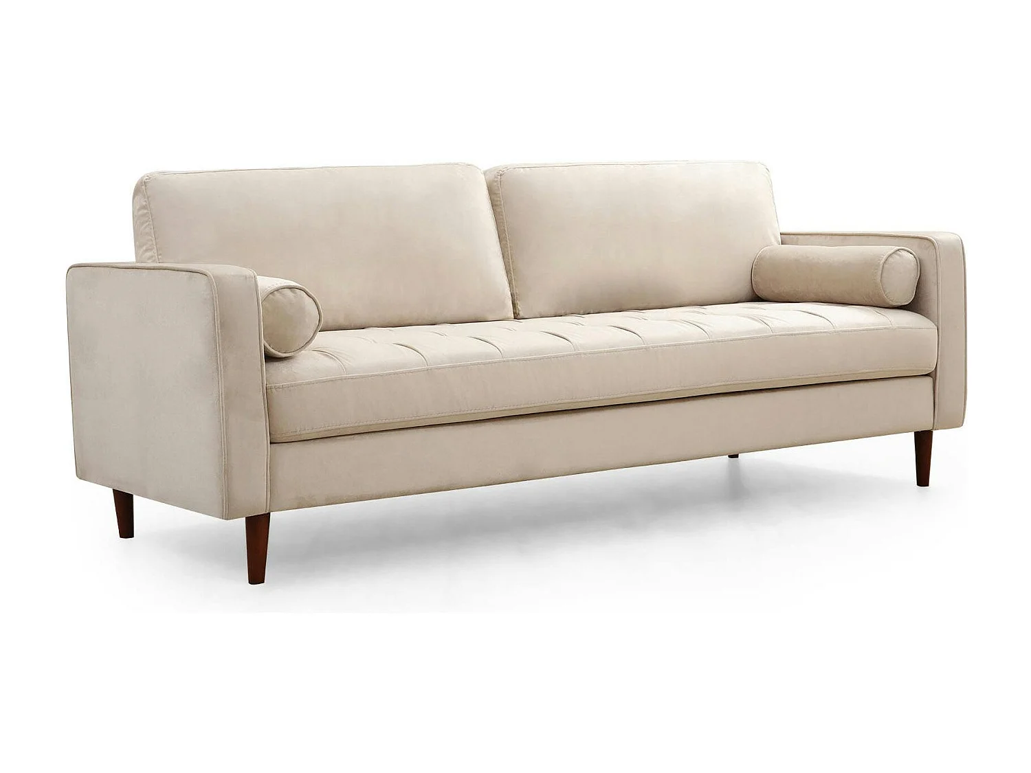 Canapé 3 places velours beige crème, coussins polochons CHIBA