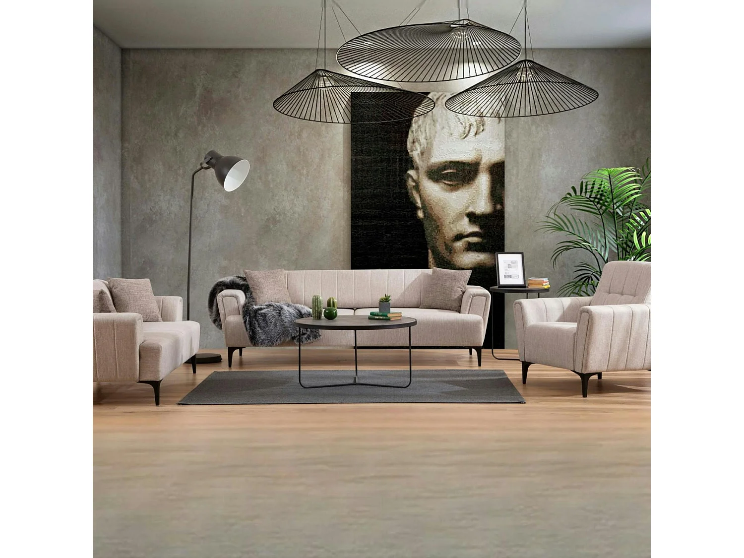 Canapé 2 places beige, dossier à coutures verticales LUCCA