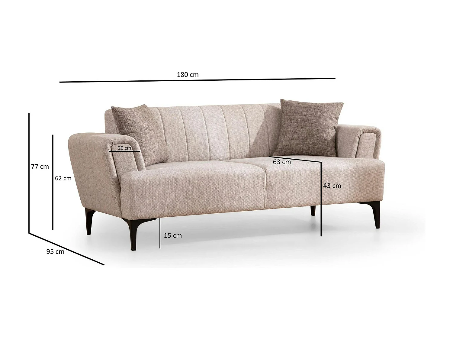 Canapé 2 places beige, dossier à coutures verticales LUCCA