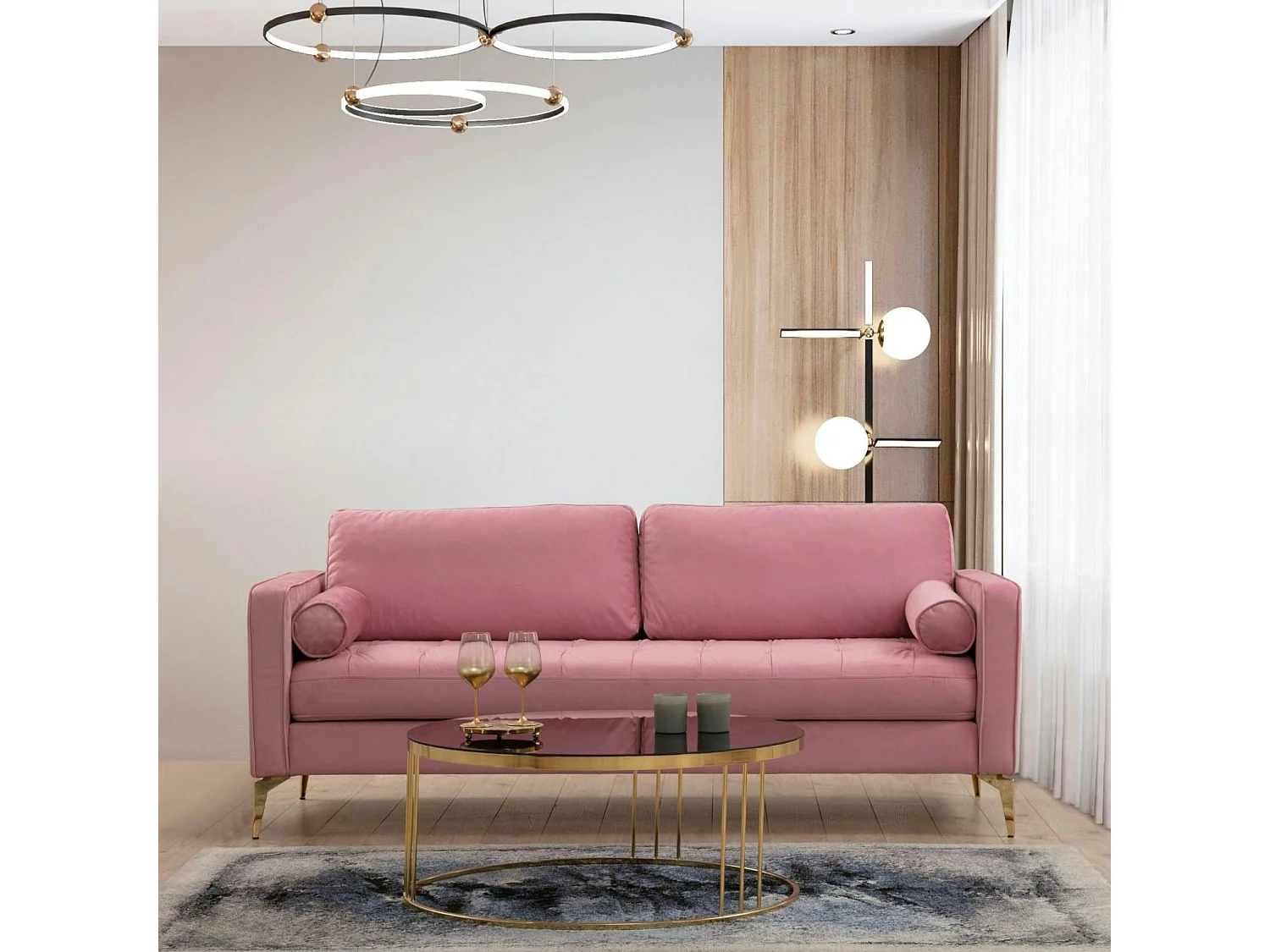 Canapé 3 places velours rose avec coussins polochons CHIBA