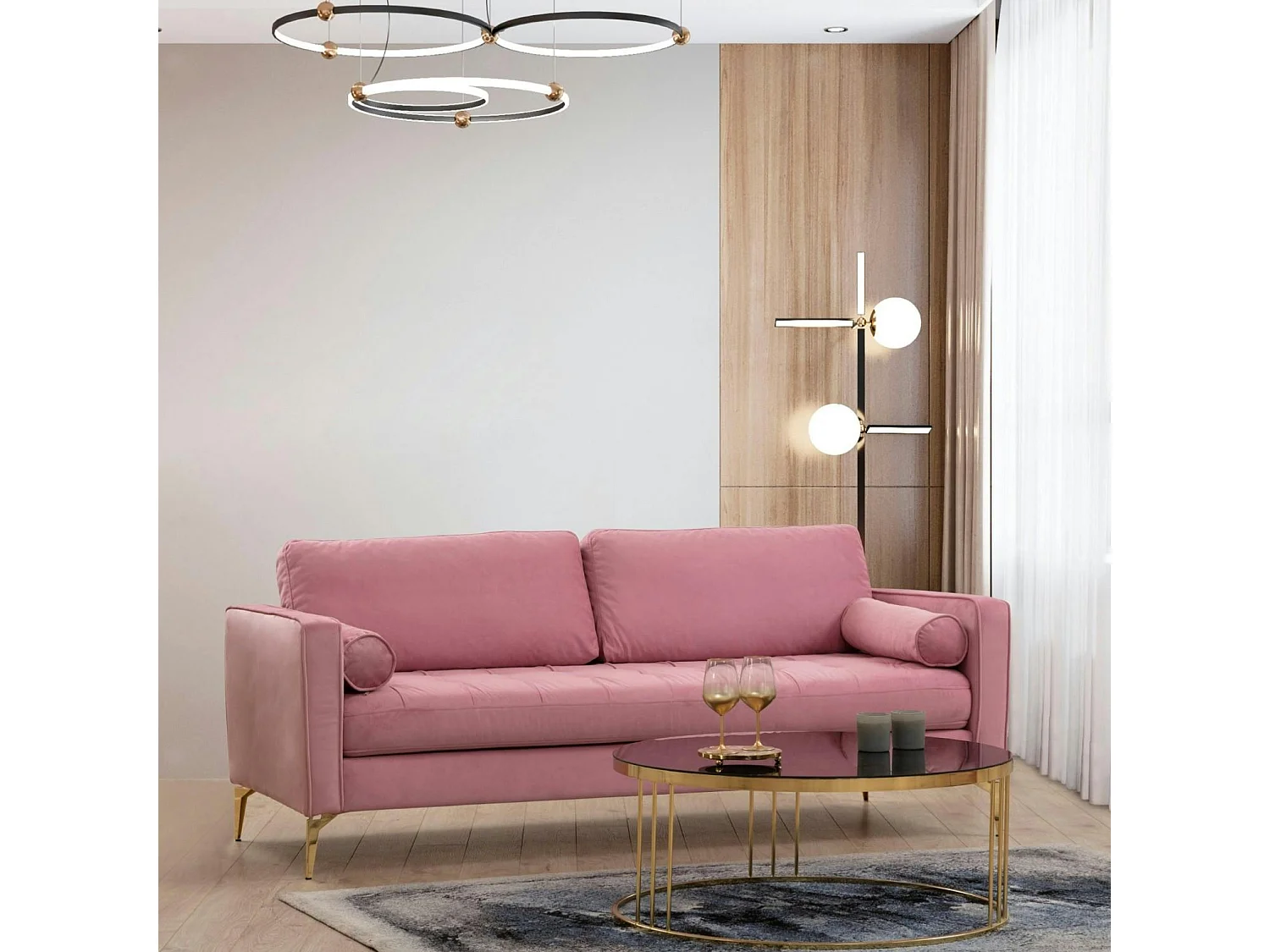 Canapé 3 places velours rose avec coussins polochons CHIBA