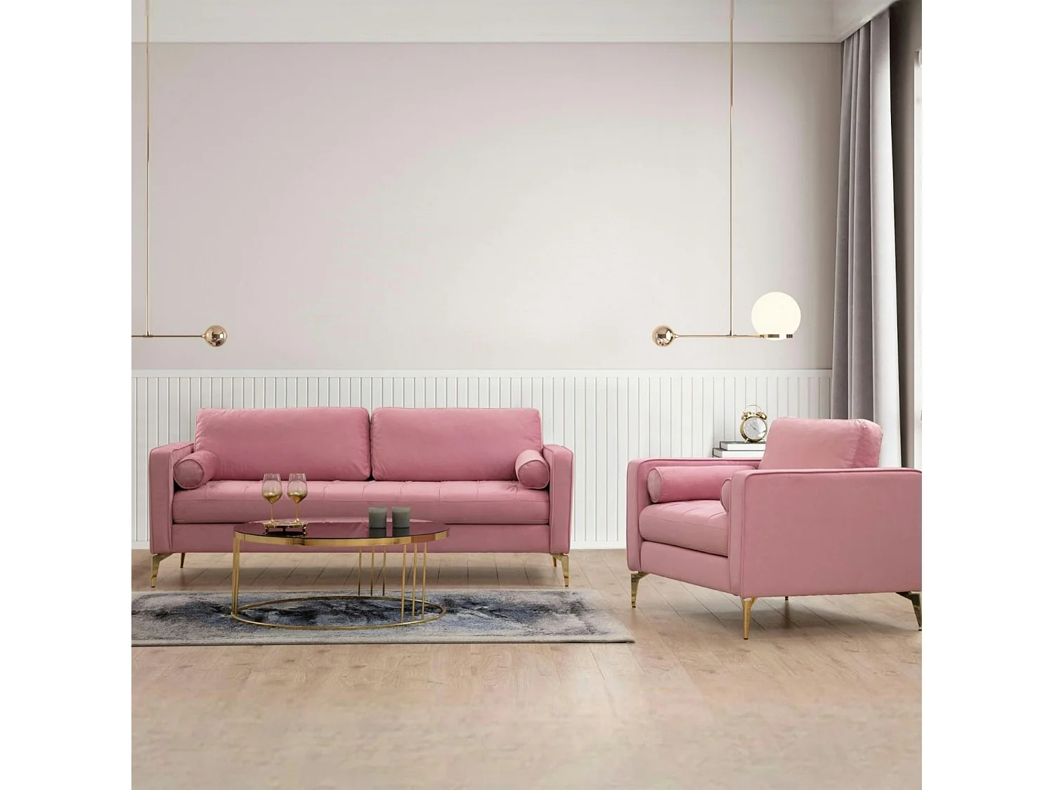 Canapé 3 places velours rose avec coussins polochons CHIBA