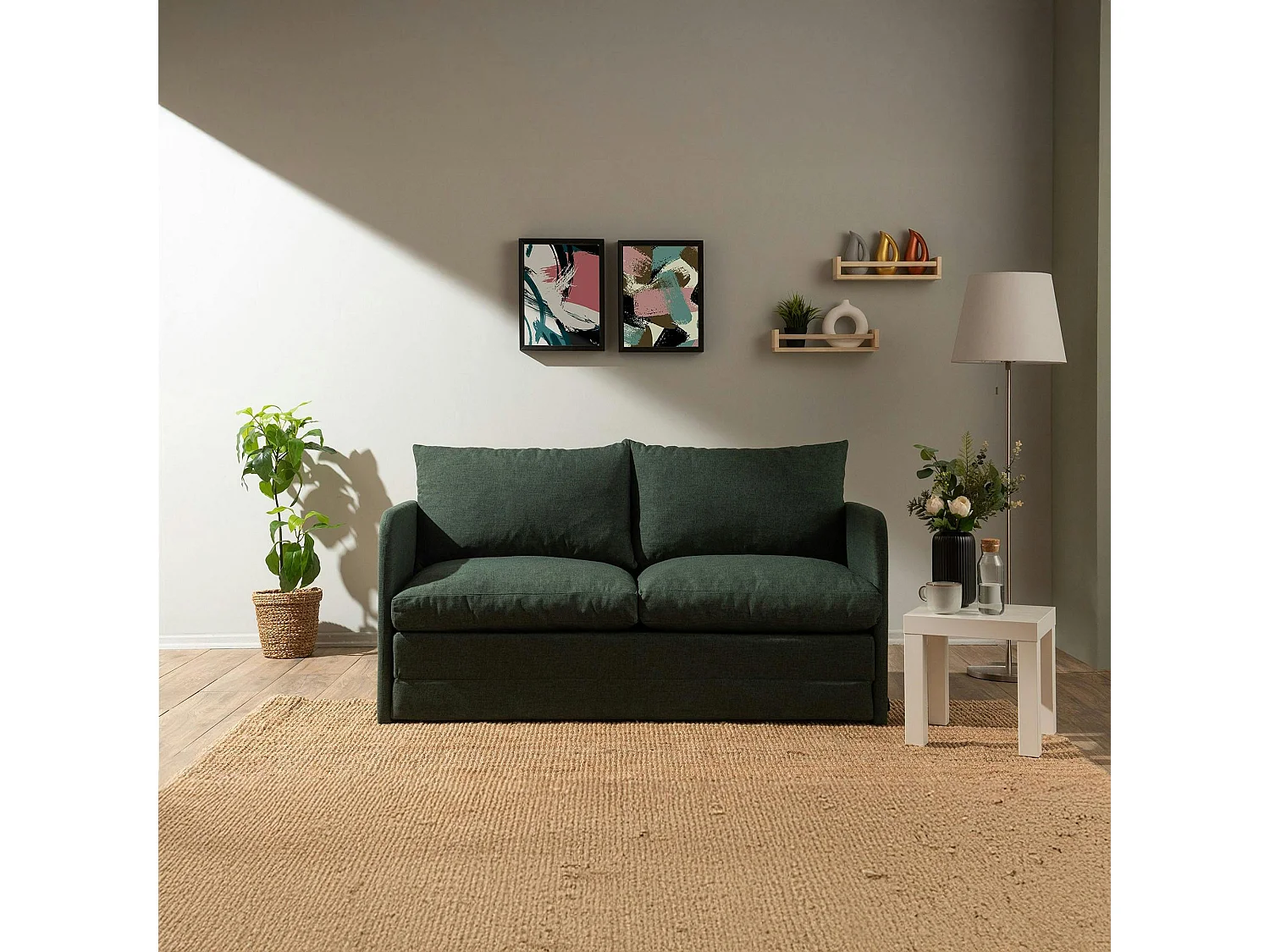 Canapé-lit en lin vert foncé, 2 personnes 140 cm ORURO