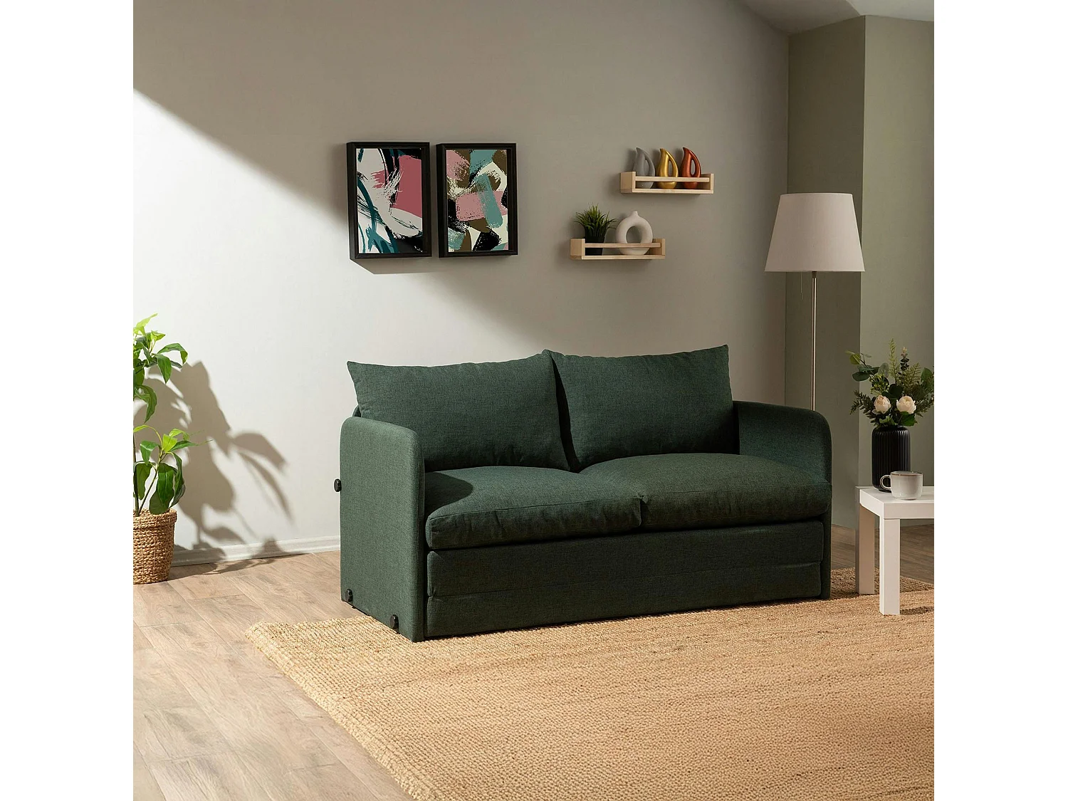 Canapé-lit en lin vert foncé, 2 personnes 140 cm ORURO