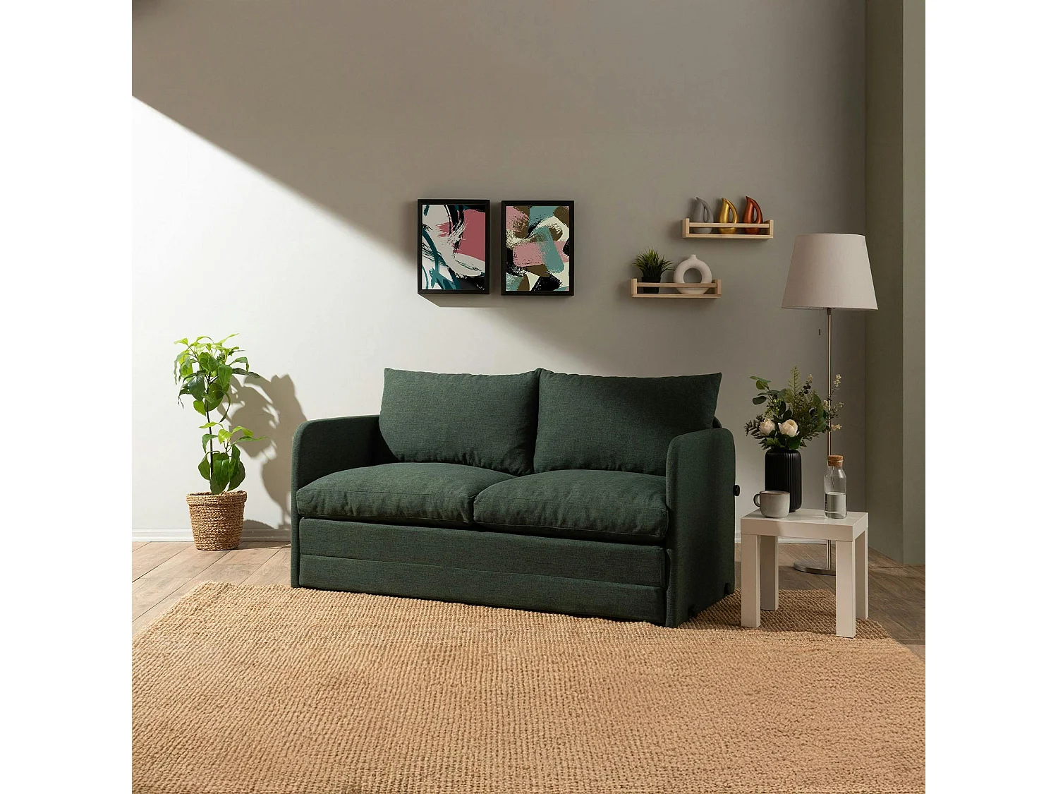 Canapé-lit en lin vert foncé, 2 personnes 140 cm ORURO