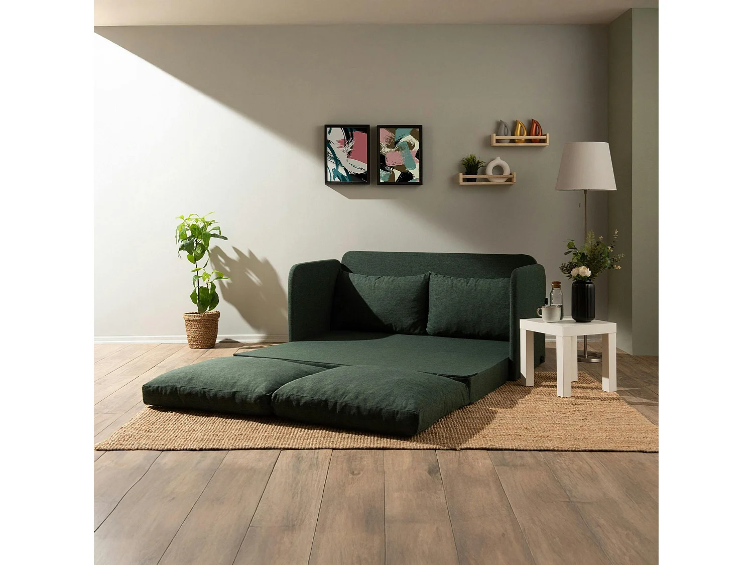 Canapé-lit en lin vert foncé, 2 personnes 140 cm ORURO