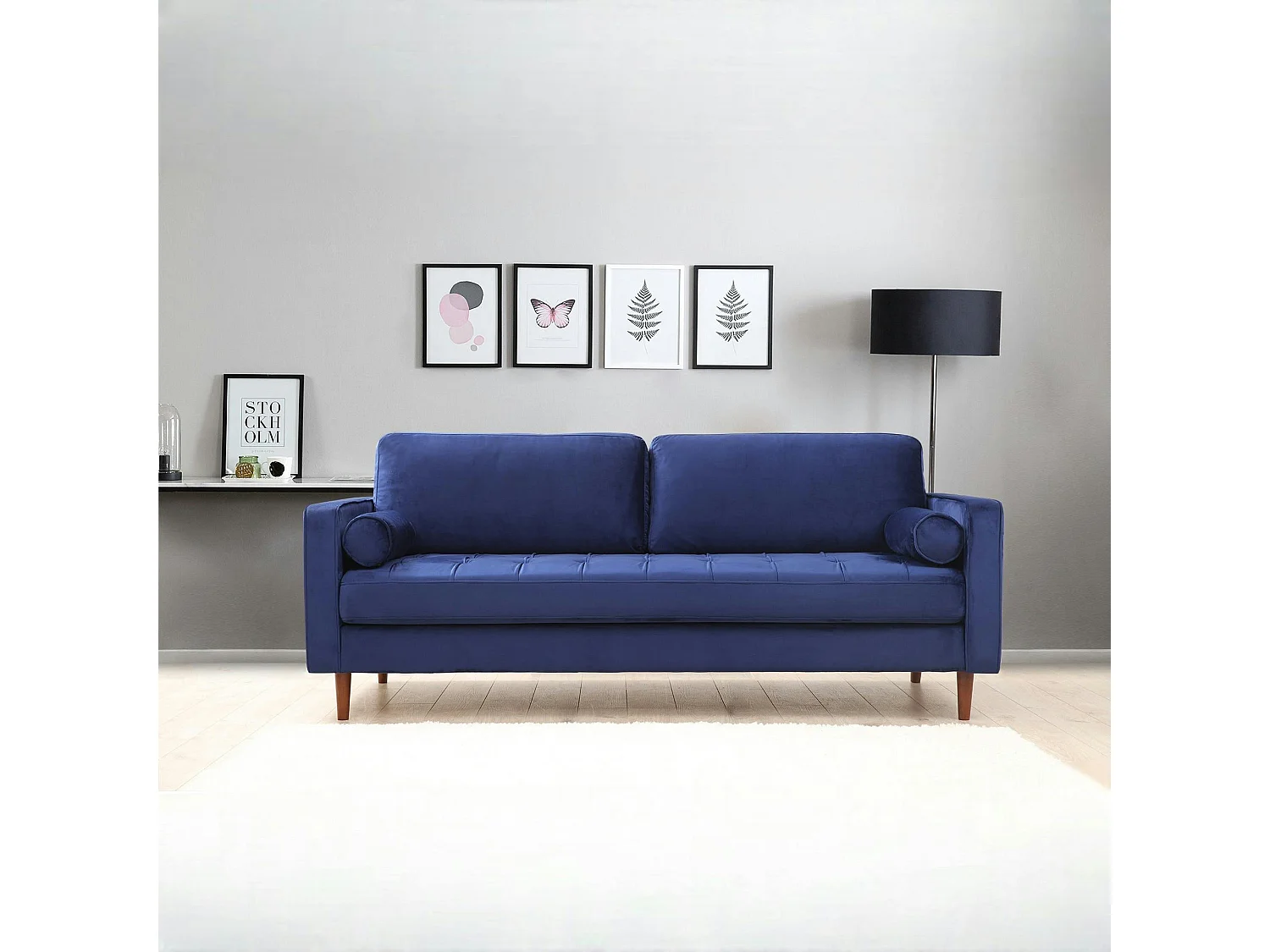 Canapé 3 places velours bleu avec coussins polochons CHIBA