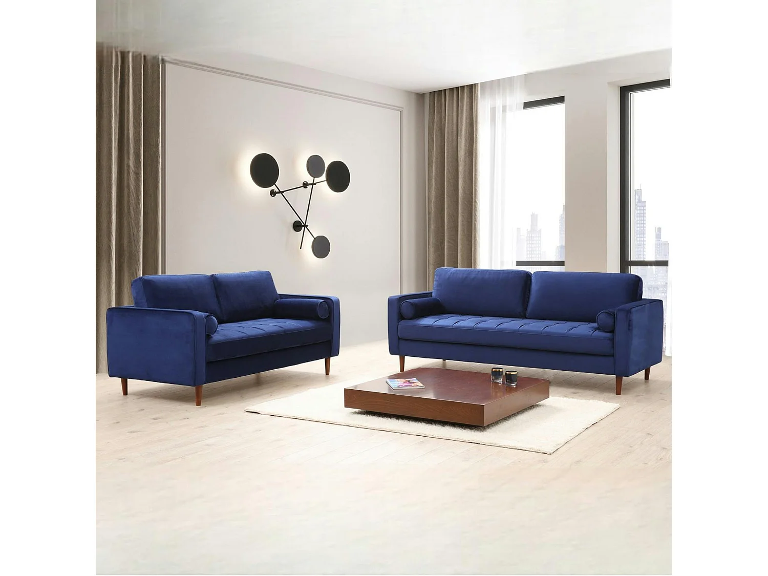 Canapé 3 places velours bleu avec coussins polochons CHIBA