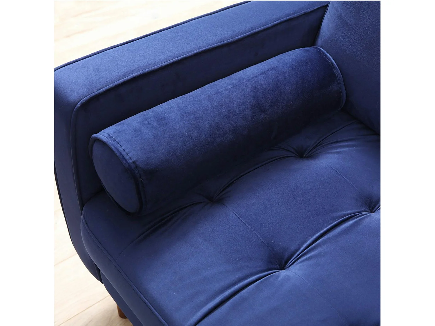 Canapé 3 places velours bleu avec coussins polochons CHIBA