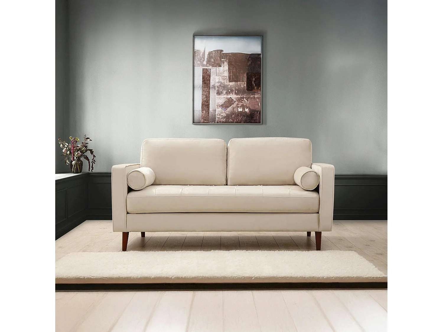 Canapé 2 places velours beige crème, coussins polochons CHIBA