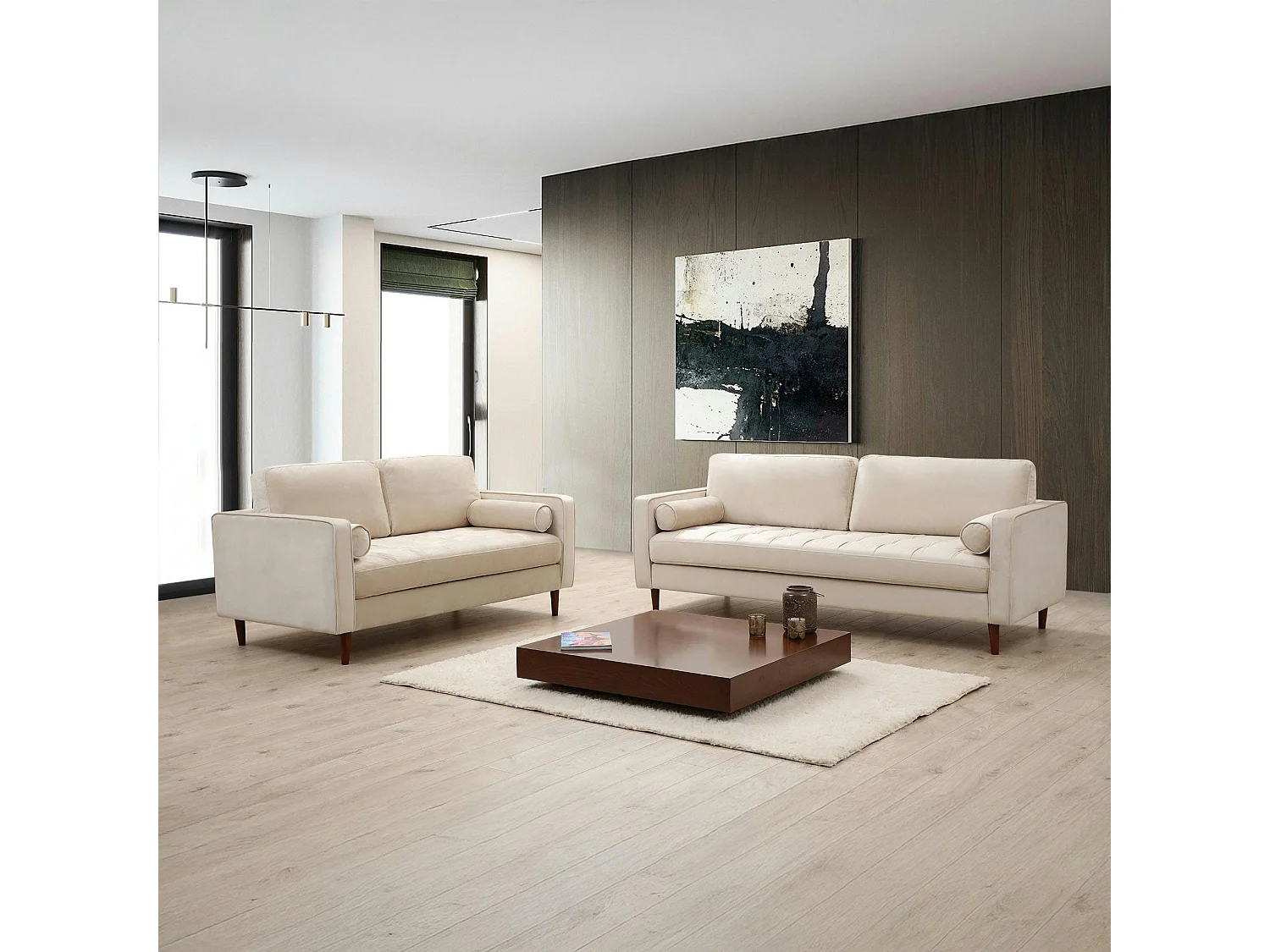 Canapé 2 places velours beige crème, coussins polochons CHIBA