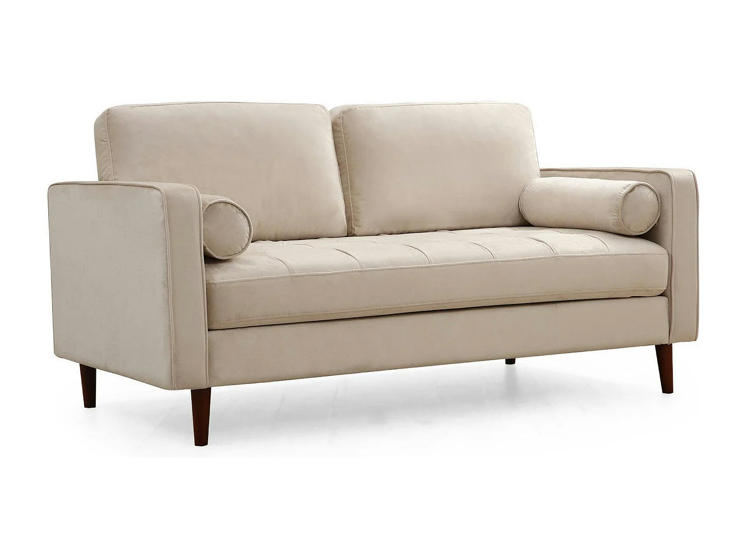 Canapé 2 places velours beige crème, coussins polochons CHIBA