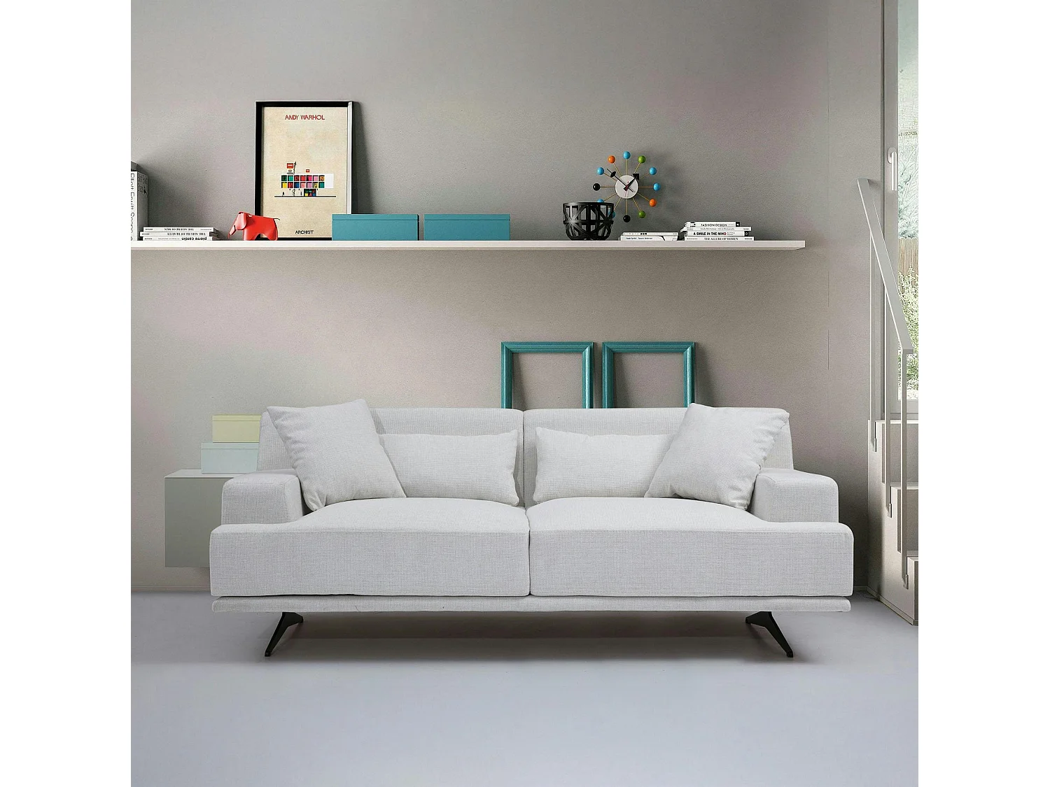 Canapé 2 places écru moderne, pieds métal noir CREWE