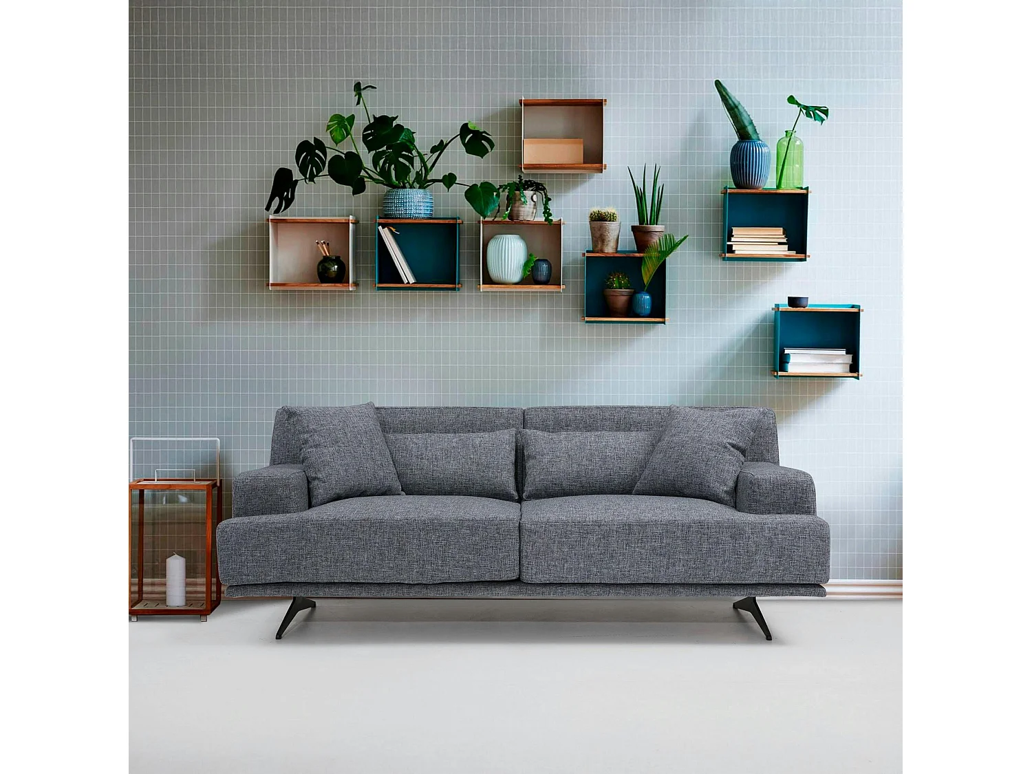 Canapé 2 places gris moderne, pieds métal noir CREWE