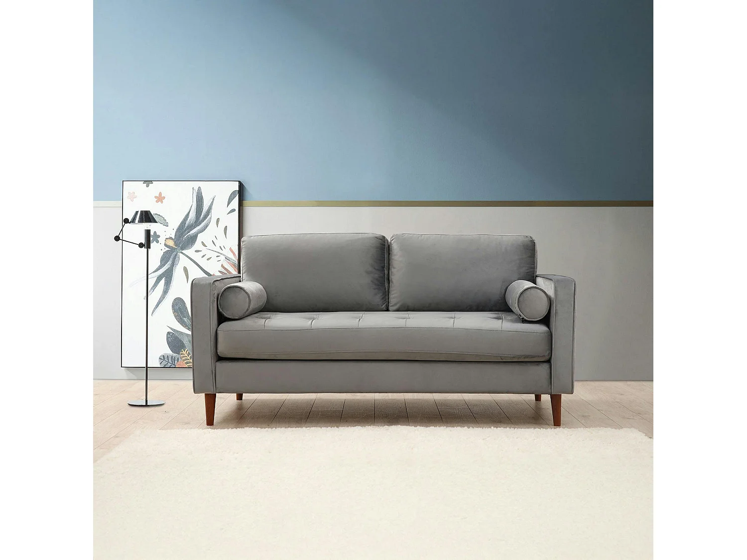 Canapé 2 places velours gris clair avec coussins polochons CHIBA