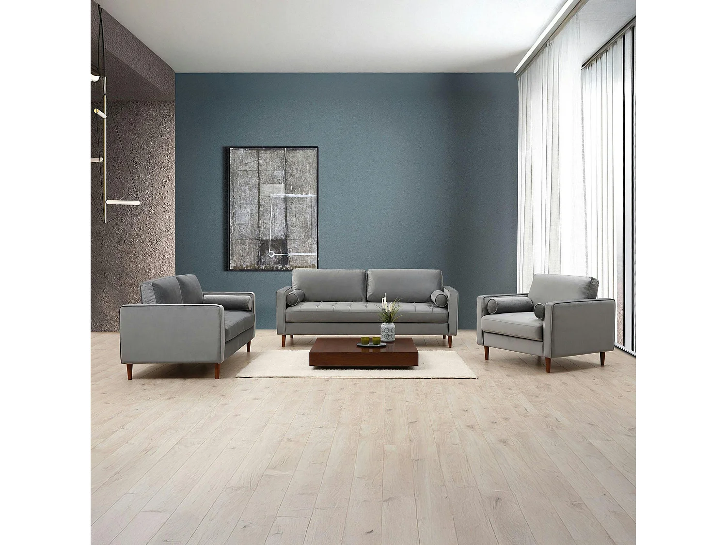 Canapé 2 places velours gris clair avec coussins polochons CHIBA