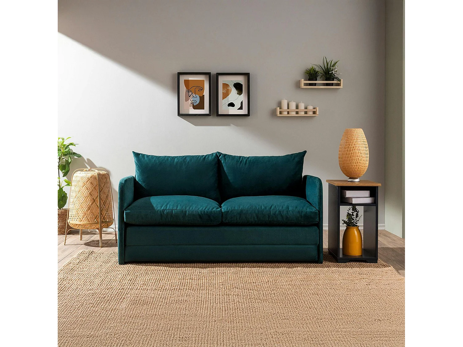 Canapé-lit en tissu bleu lagon, 2 personnes 140 cm ORURO