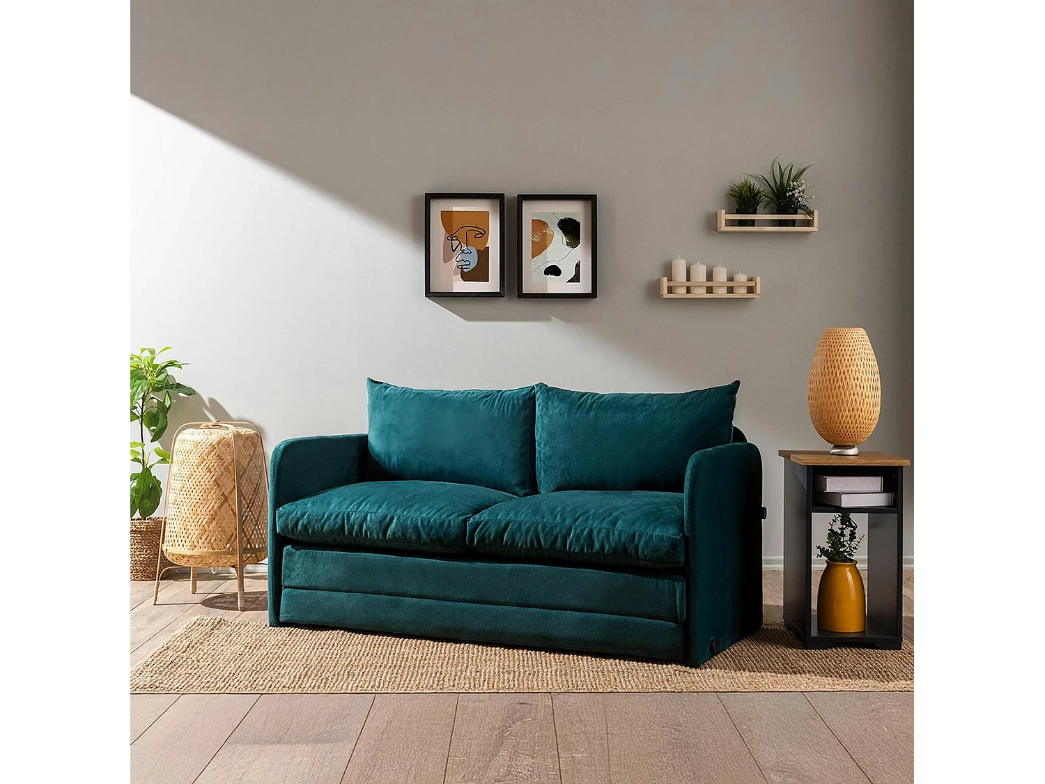 Canapé-lit en tissu bleu lagon, 2 personnes 140 cm ORURO