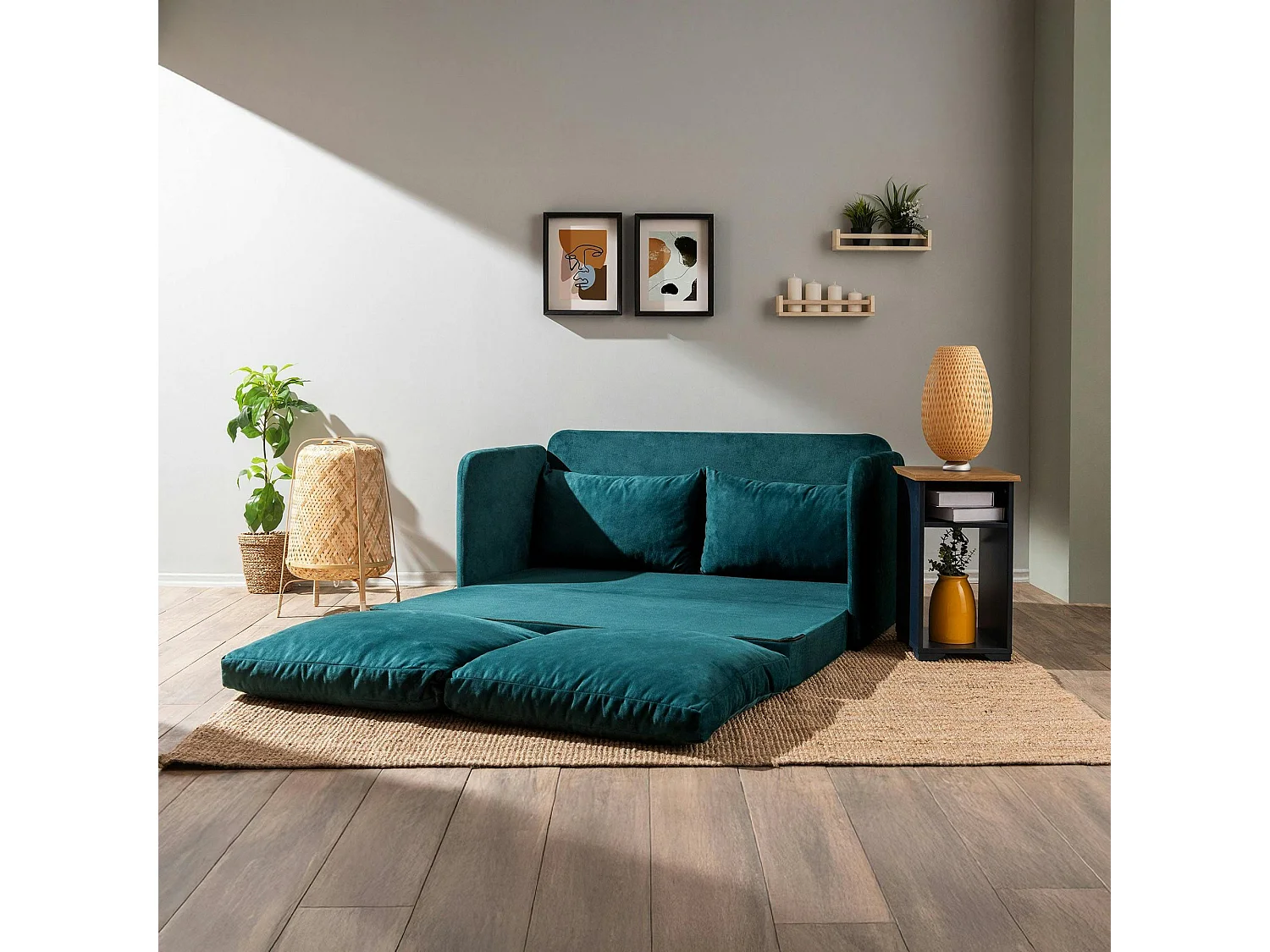 Canapé-lit en tissu bleu lagon, 2 personnes 140 cm ORURO
