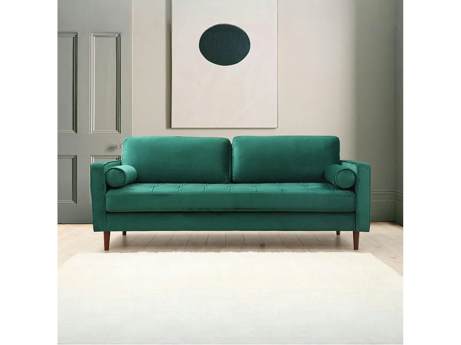 Canapé 3 places velours vert avec coussins polochons CHIBA