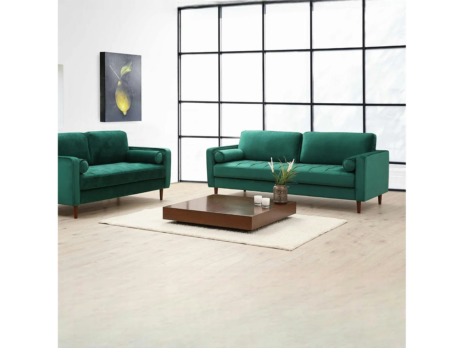 Canapé 3 places velours vert avec coussins polochons CHIBA