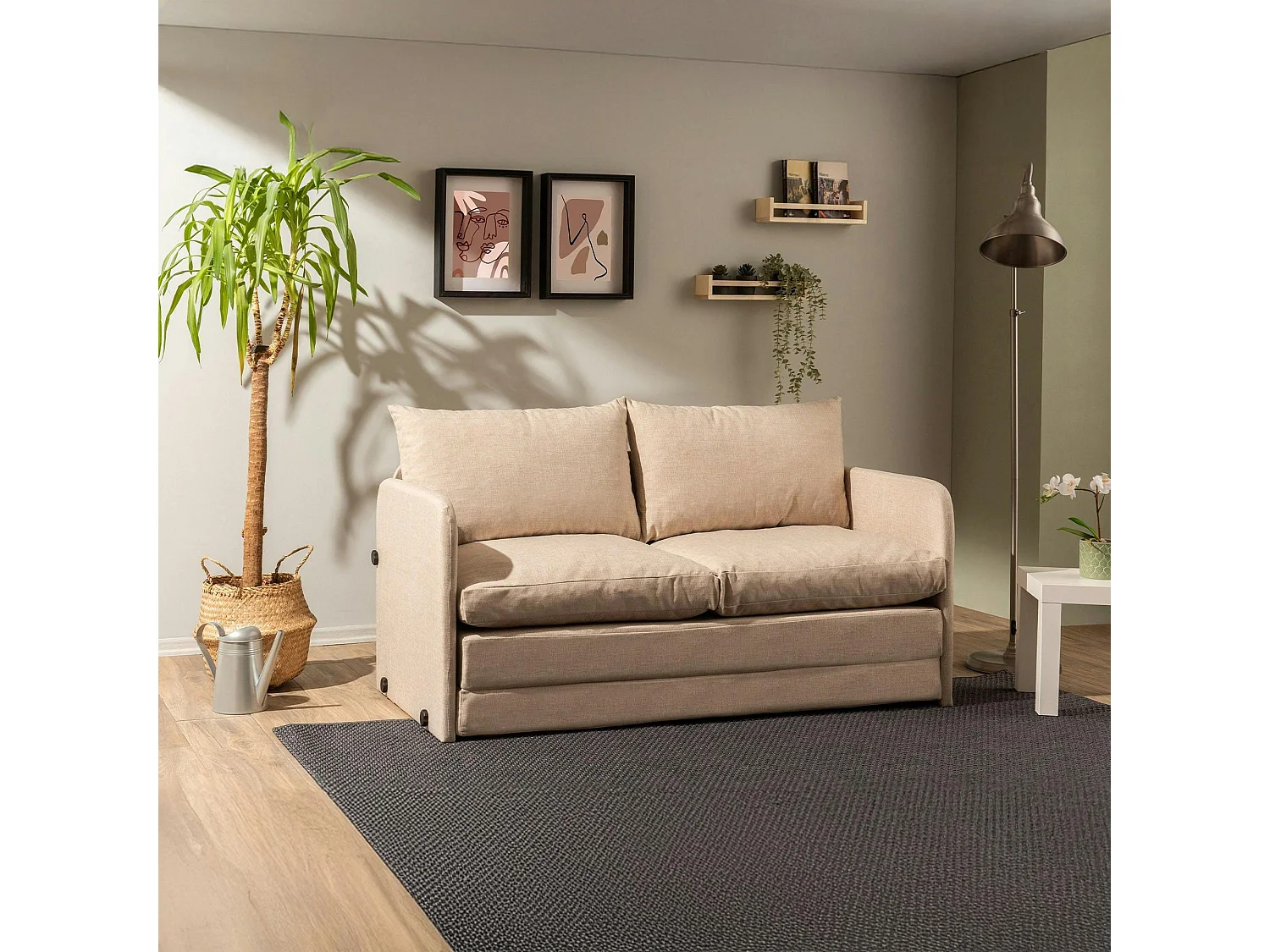 Canapé-lit en lin beige, 2 personnes 140 cm ORURO