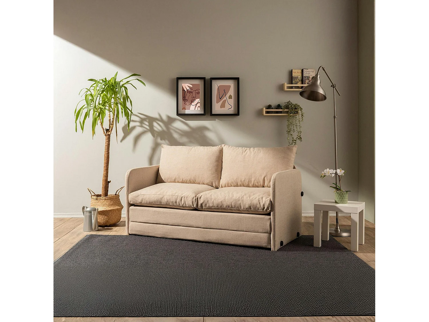 Canapé-lit en lin beige, 2 personnes 140 cm ORURO