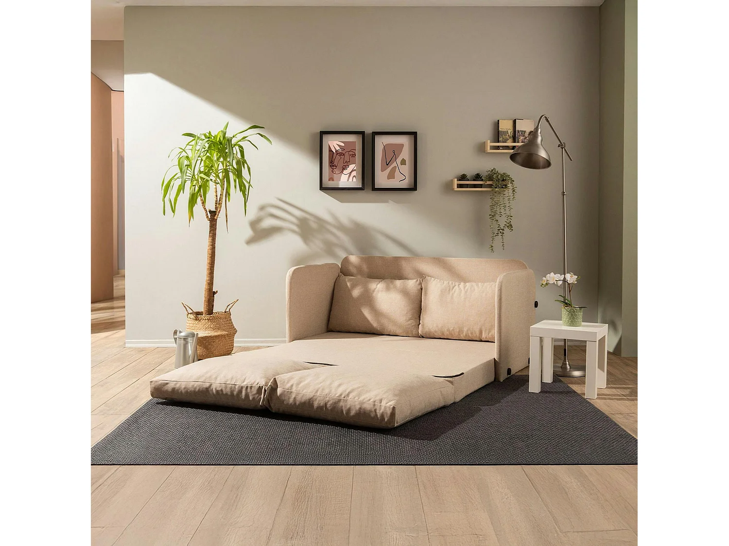 Canapé-lit en lin beige, 2 personnes 140 cm ORURO