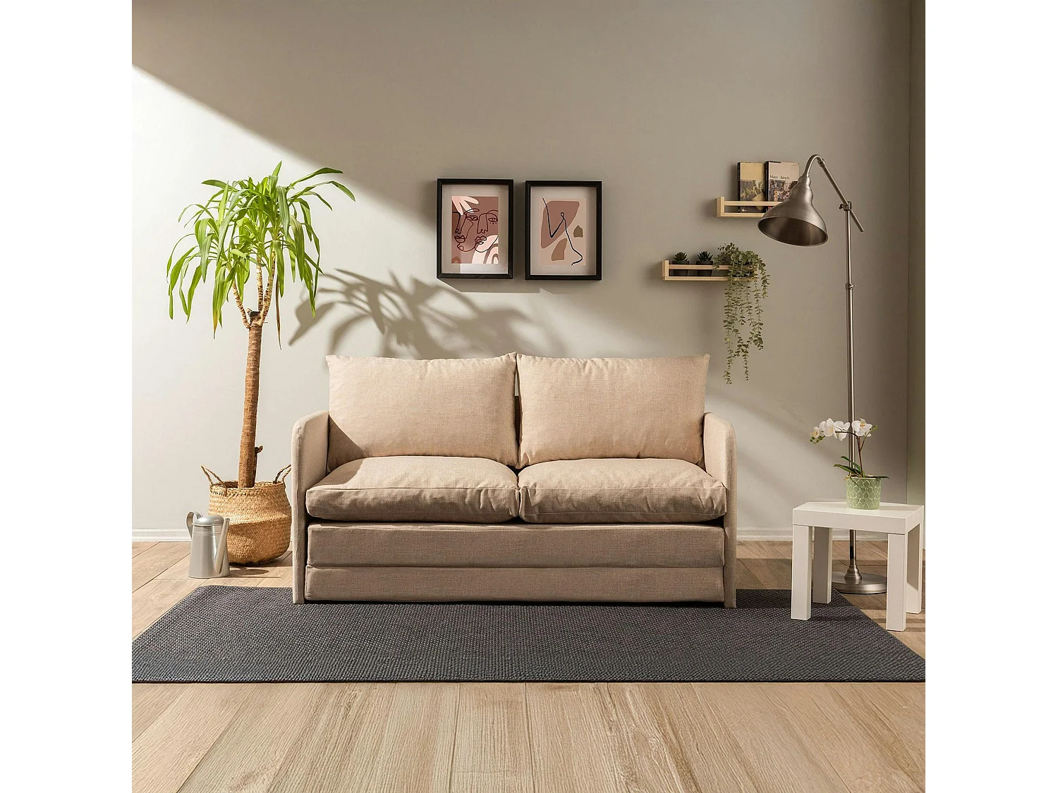Canapé-lit en lin beige, 2 personnes 140 cm ORURO