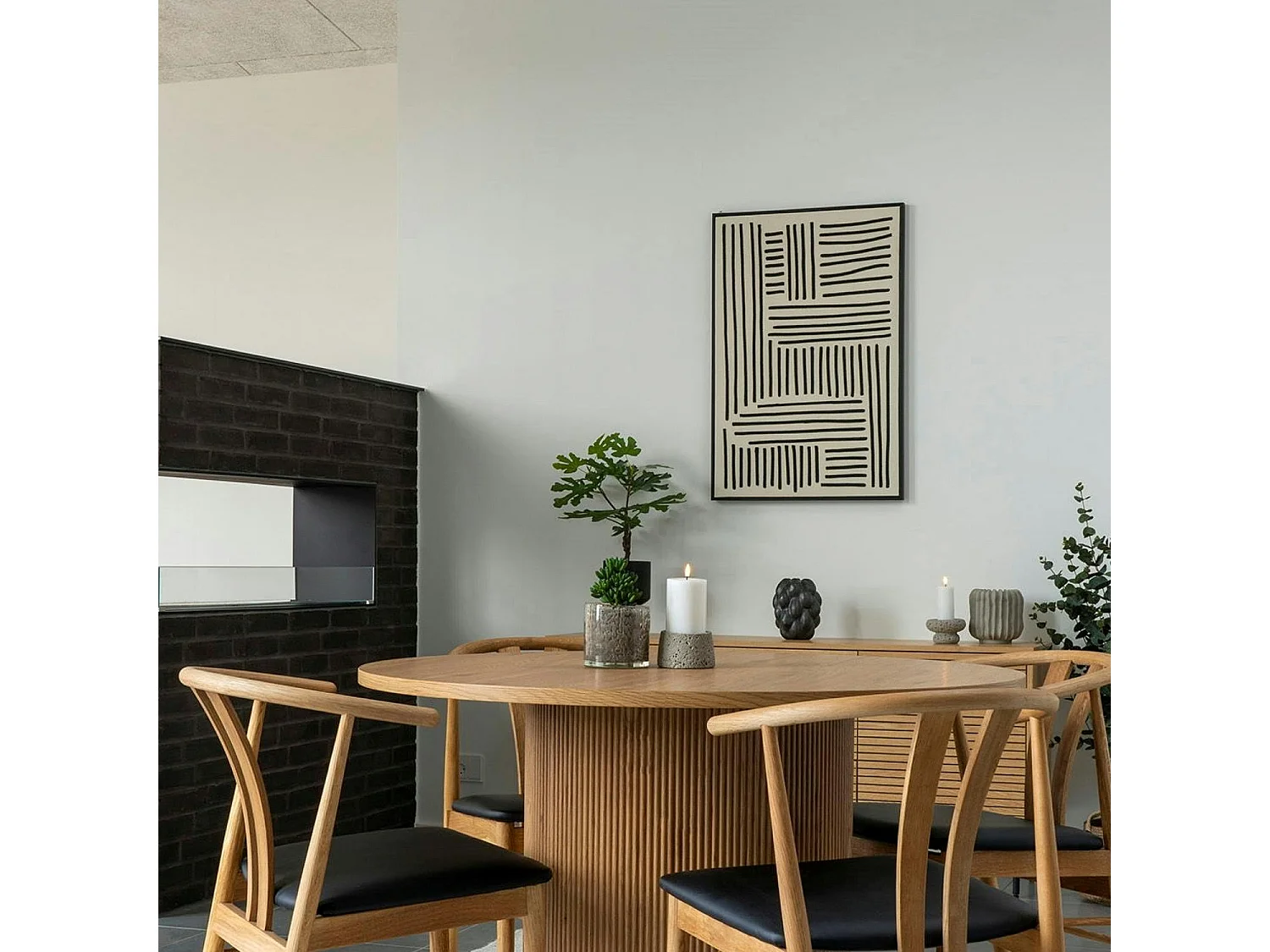 Tableau abstrait noir et blanc lignes graphiques avec cadre 60x90 cm