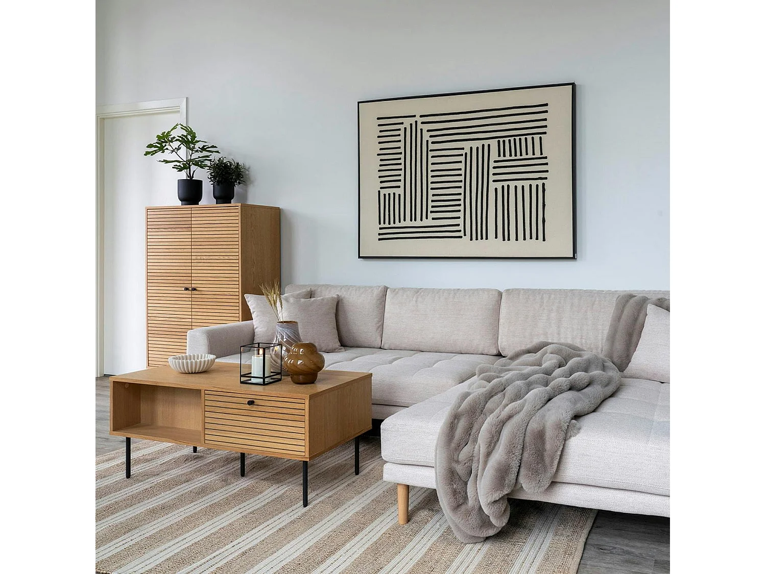 Tableau abstrait noir et blanc lignes graphiques avec cadre 100x140 cm