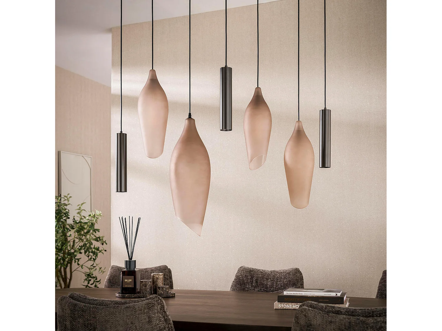 Suspension de table verre brun métal vintage 7 lampes NIAGARA