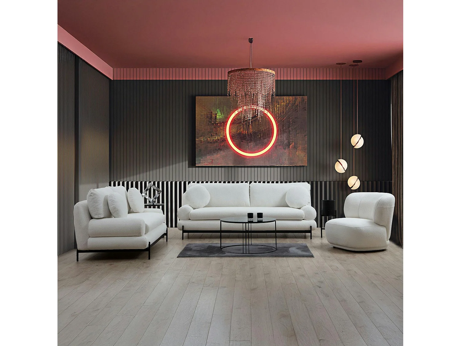 Canapé 2 places blanc bouclette, coussins ronds SION