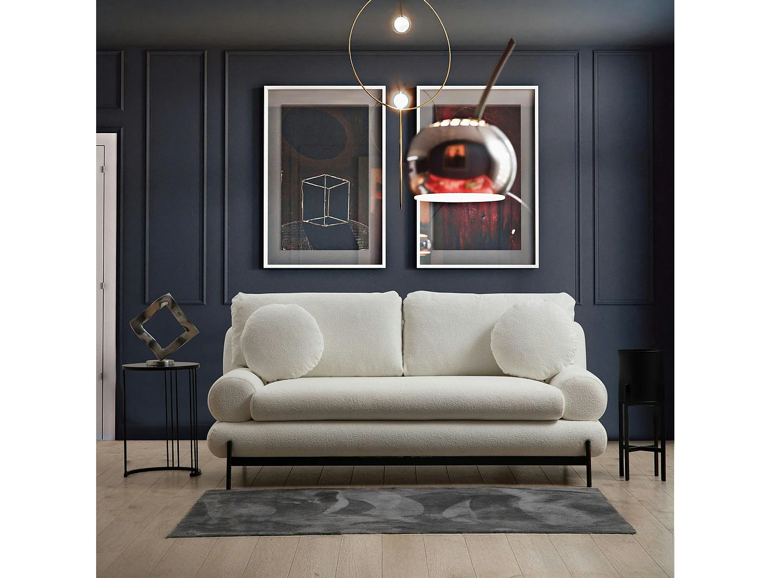 Canapé 2 places blanc bouclette, coussins ronds SION