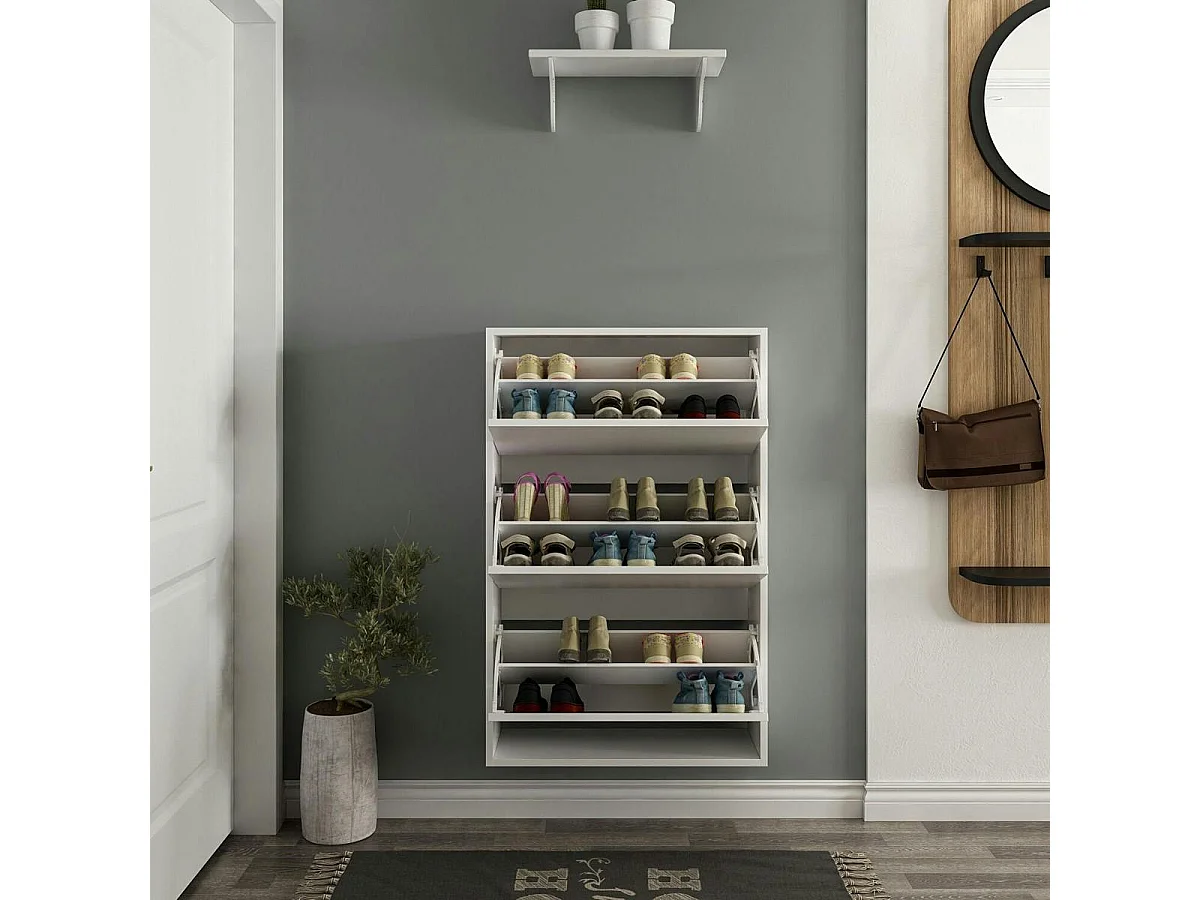 Meuble à chaussures suspendu blanc 3 portes abattantes MARFA