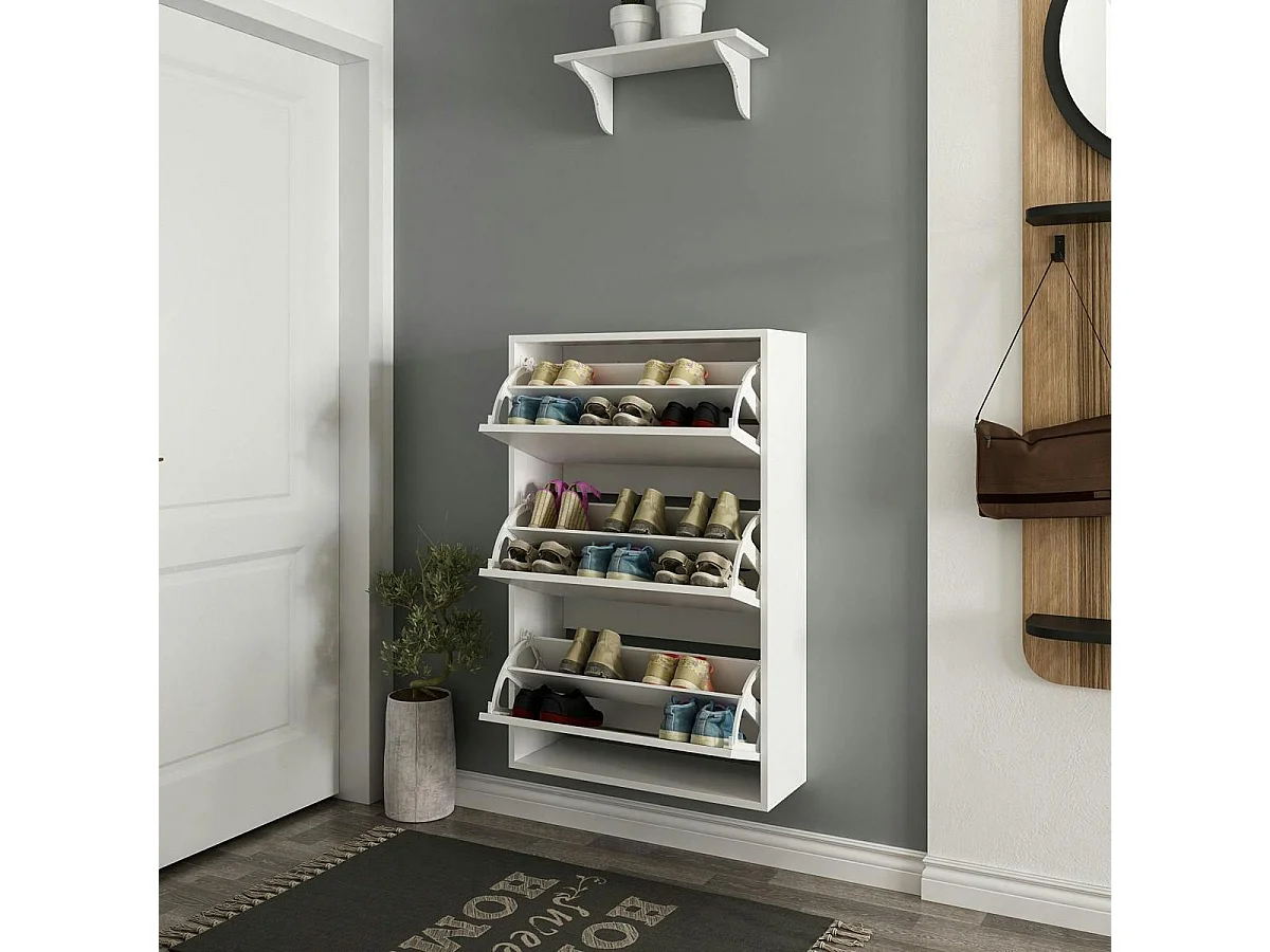 Meuble à chaussures suspendu blanc 3 portes abattantes MARFA