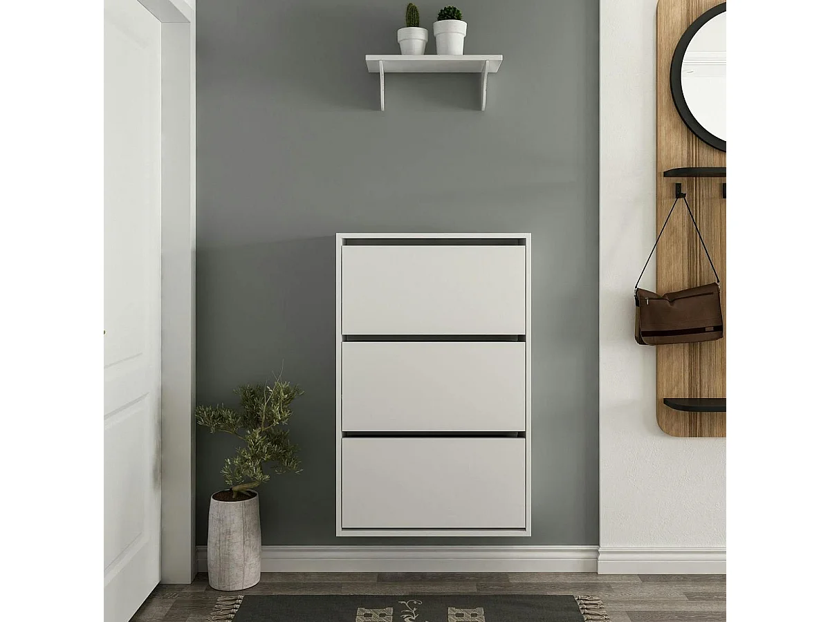 Meuble à chaussures suspendu blanc 3 portes abattantes MARFA