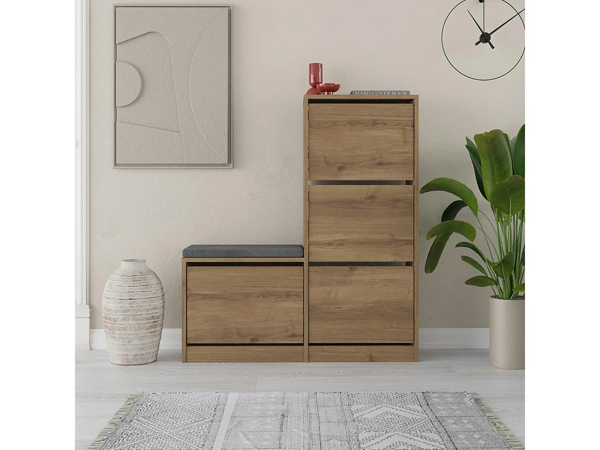 Meuble à chaussures 4 portes et banc décor bois MARFA